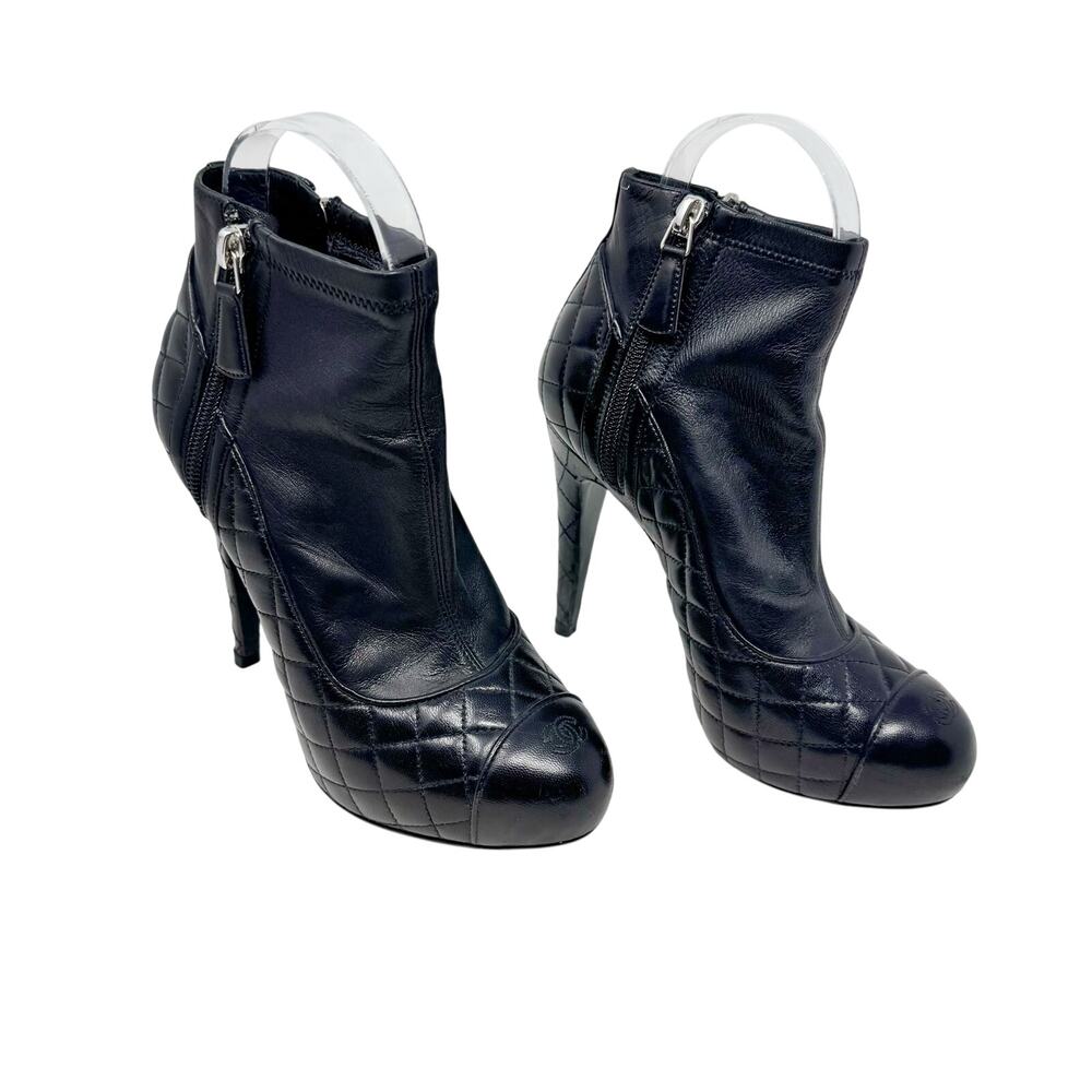 Chanel Black Quilted Lambskin CC Cap Toe Stiletto Ankle Bootie EU 36.5